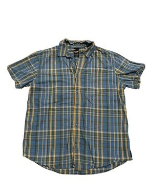 PrAna Organic Cotton Plaid Button Up Shirt Large Blue Green Hiking Outdoor Camp